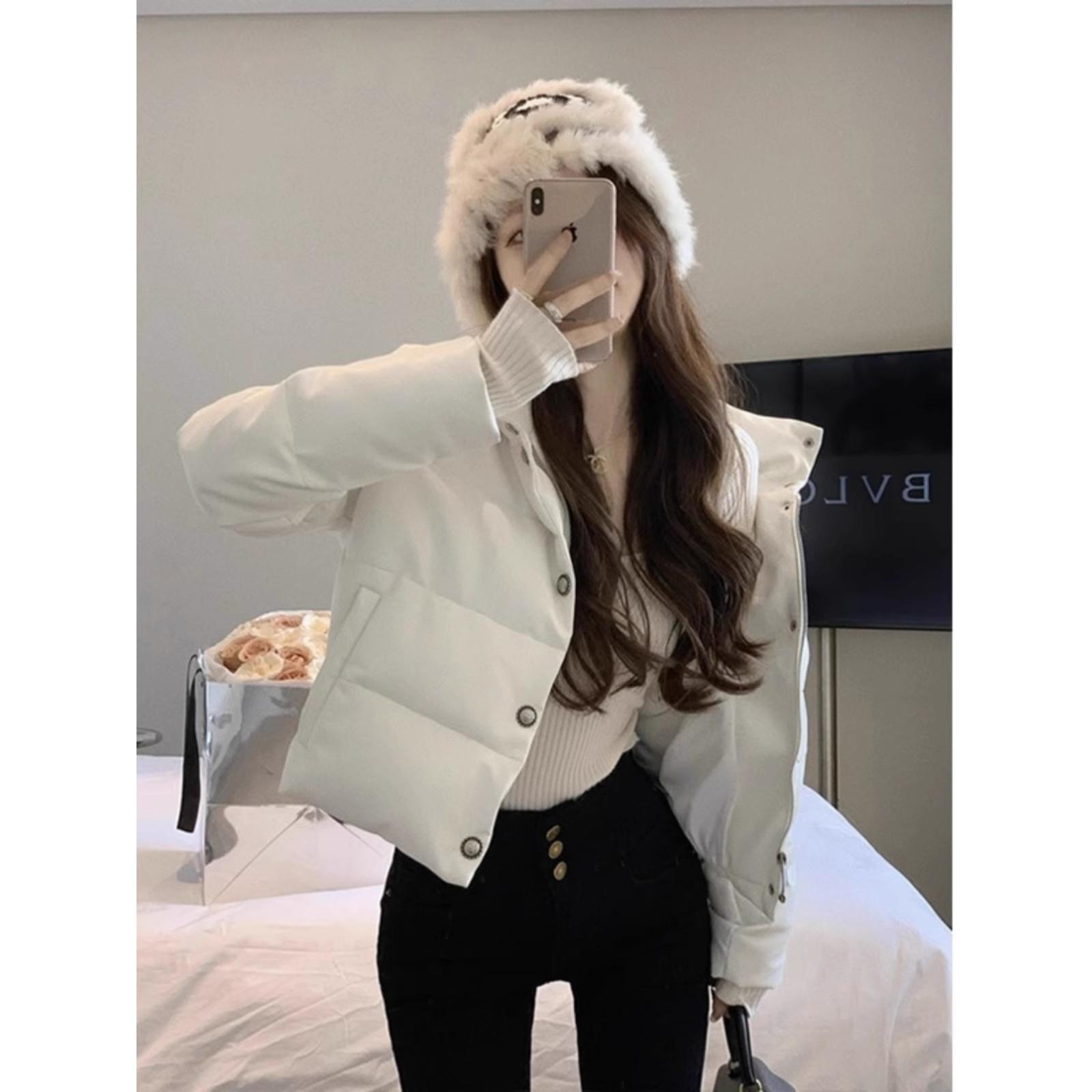 雅鹿PU皮衣羽绒棉服女2023冬季新款高级感短款小个子立领机车夹克