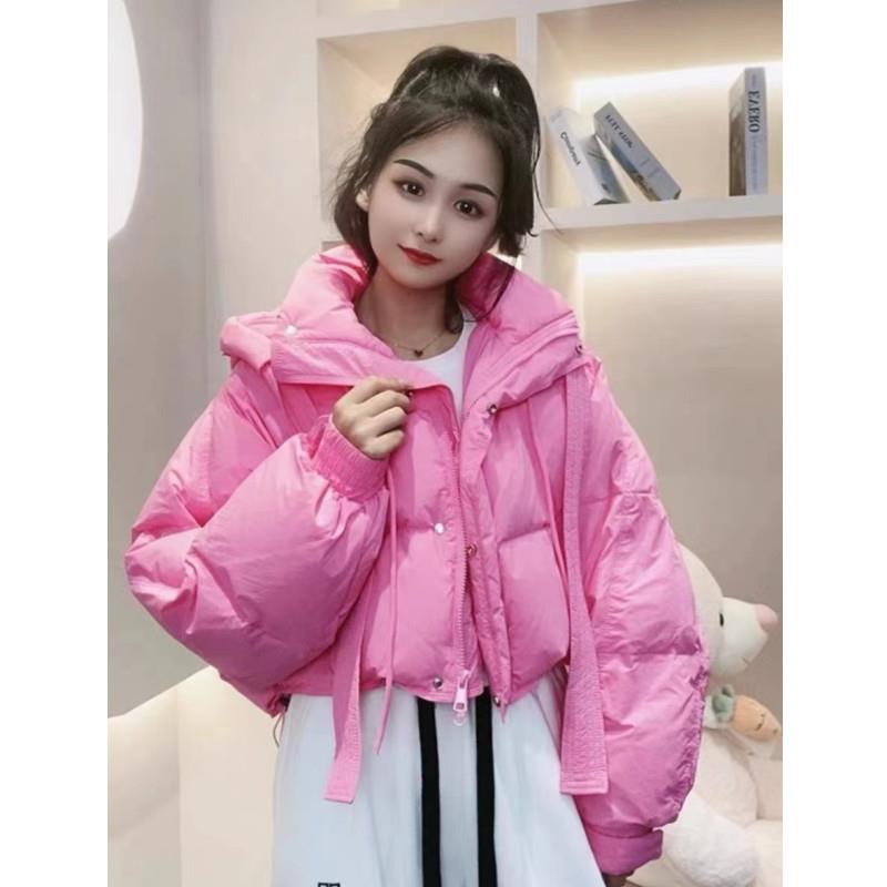 雅鹿粉色羽绒服女白鸭绒加厚2023新款设计感小众面包服蝙蝠袖连帽