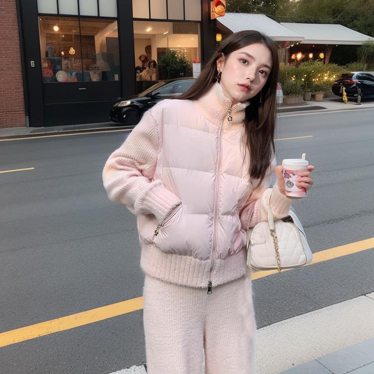 雅鹿粉色短款羽绒服女2023年冬季小个子拼接仿貂绒修身短款小香风
