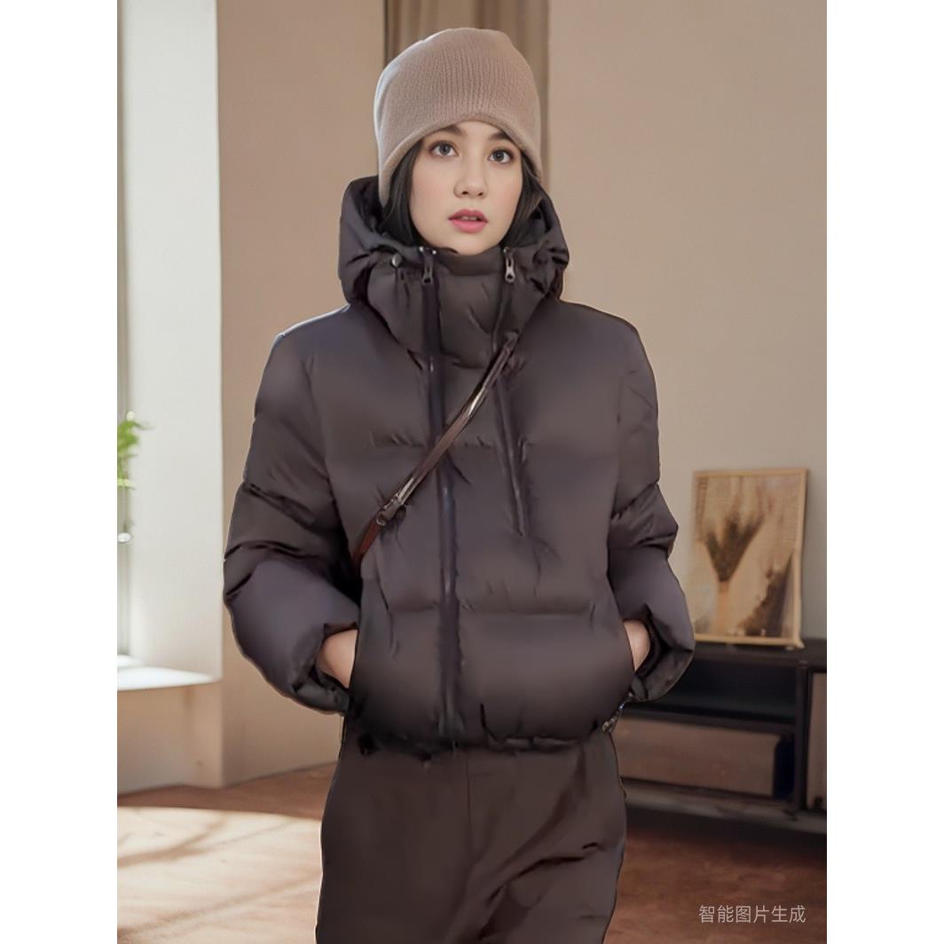 雅鹿欧货小众设计感双拉链连帽羽绒棉服外套女秋冬新款时尚短款面