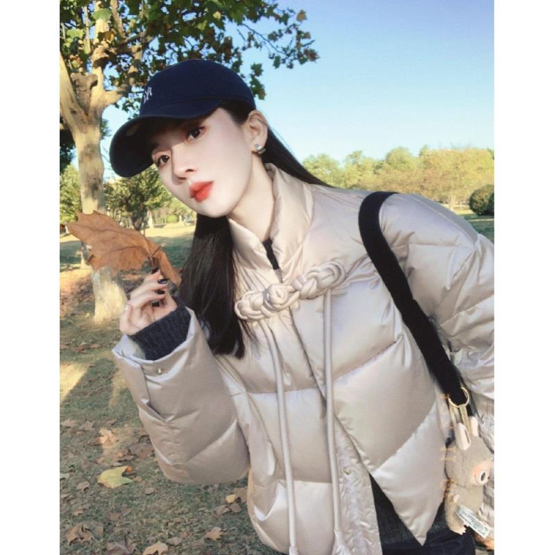 雅鹿新中式盘扣复古羽绒棉服女冬季加厚保暖宽松抽绳缎面短款棉衣