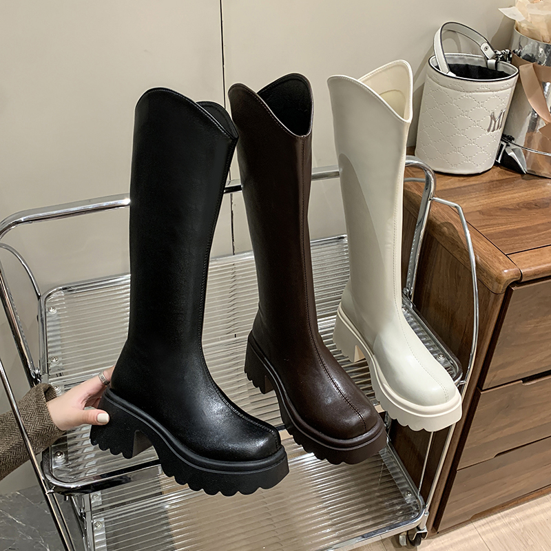 啄木鸟显瘦时尚厚底V口长筒靴骑士靴2025新款瘦瘦靴加绒高筒长靴