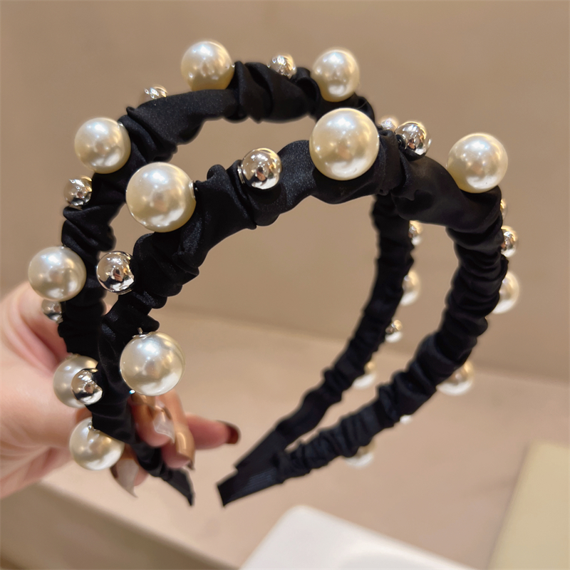 非金属布艺发饰 新款韩版布艺黑白小香风珠珠发箍法式气质高级感