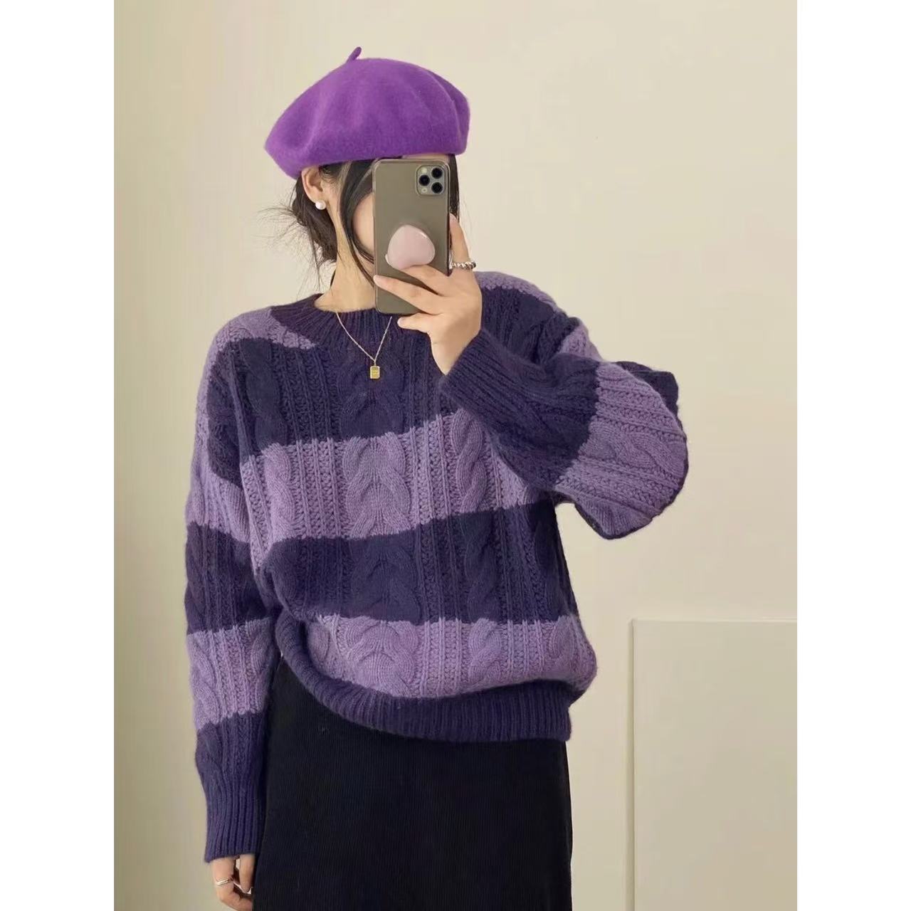 小静折扣~P535L  圆领条纹绞花加厚套头毛衣 （衣长58（90-140斤）