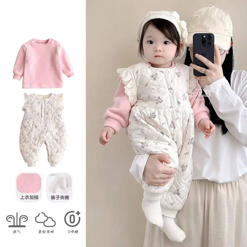婴儿衣服秋冬装加绒连体衣套装女宝宝冬季超萌夹棉公主哈衣两件套