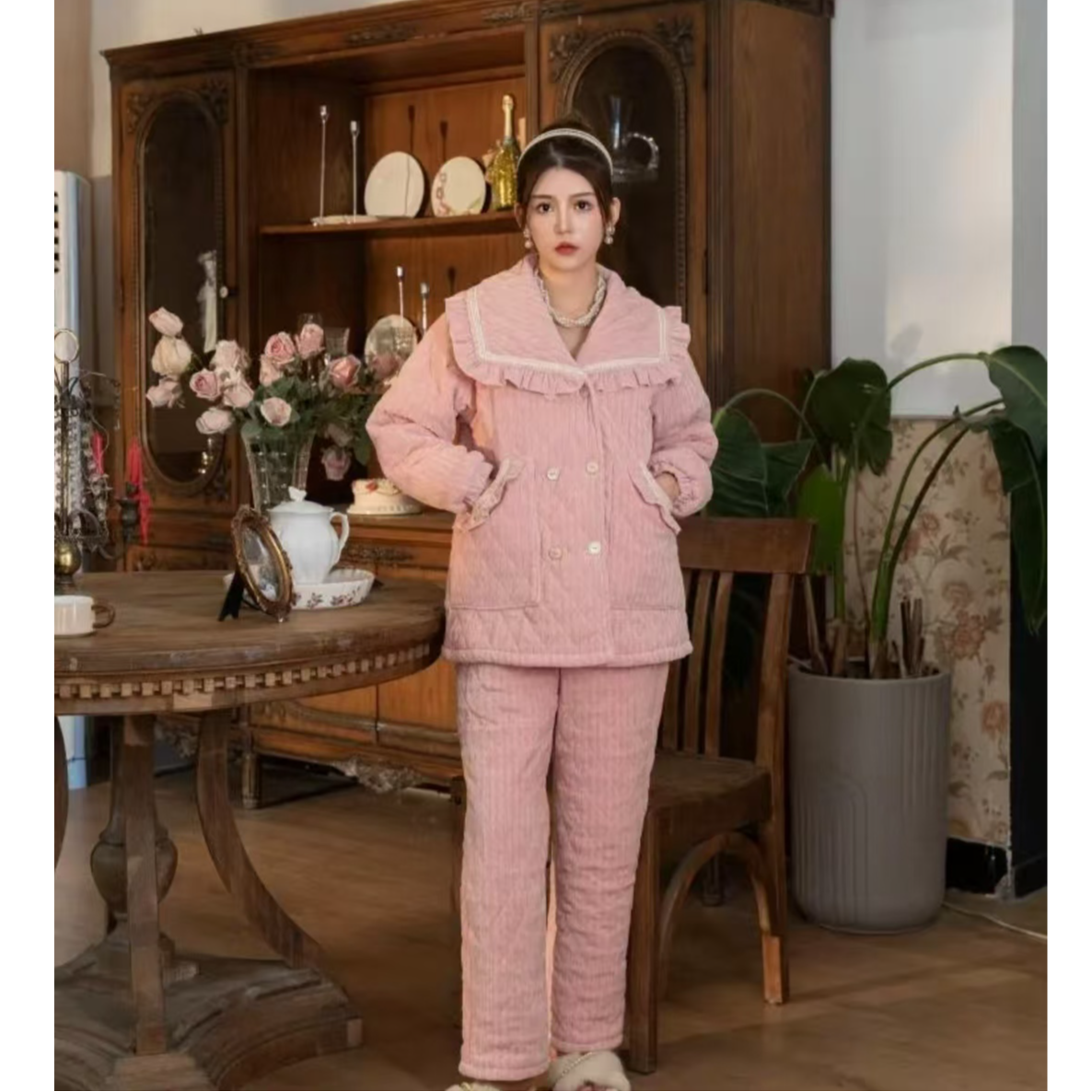 邑夏公主加厚保暖套装女粉色娃娃领家居服可外穿   不调不换