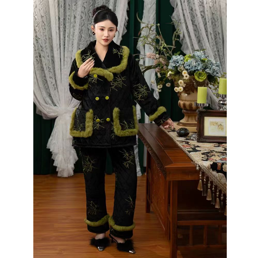 邑夏公主三层夹棉冬季加厚保暖女睡衣刺绣可外穿