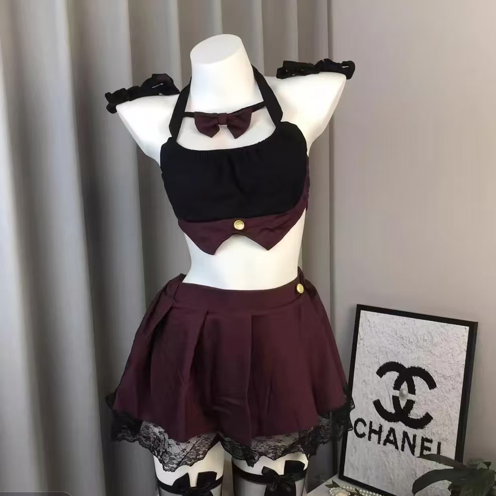 性感纯欲挂脖新款日系学院短裙JK制服套装百褶裙可爱镂空性感睡衣