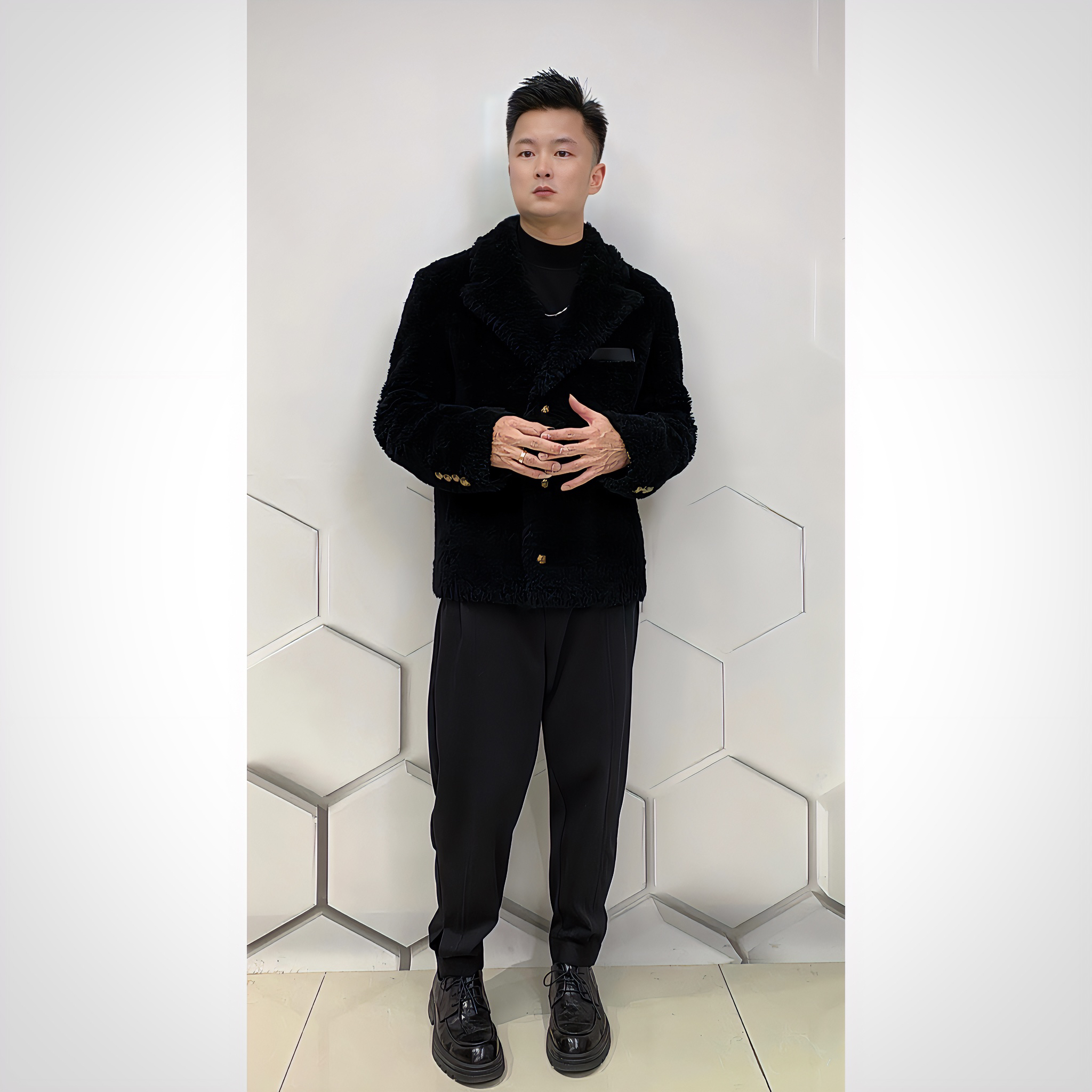 男士秋冬羊毛西装简约设计师款单排扣休闲潮流时尚男士皮毛一体