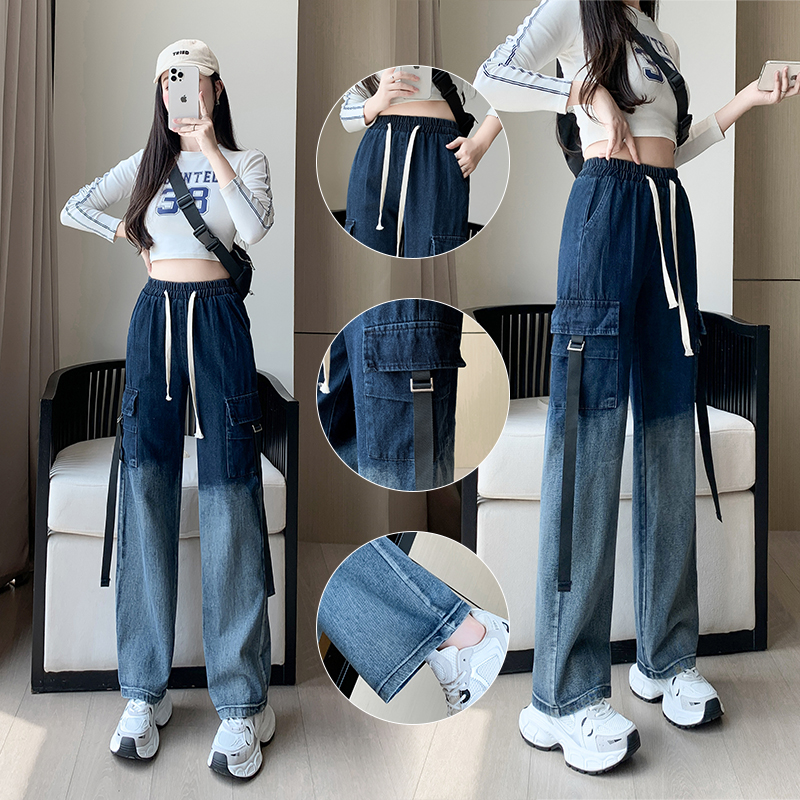 渐变工装牛仔裤女2025春秋款百搭时尚高腰显瘦宽松休闲阔腿牛仔