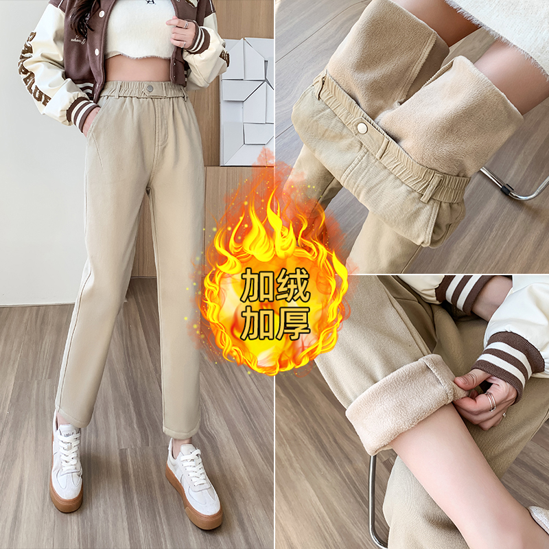 加绒水洗棉休闲直筒裤女2024冬季百搭时尚显瘦宽松保暖外穿小脚裤