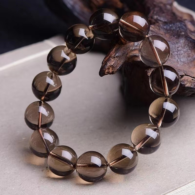 收藏级天然茶水晶手链5A级茶晶烟晶单圈水晶散珠子串珠手串男女
