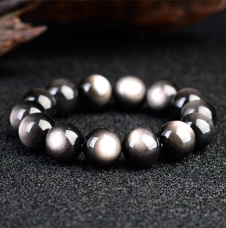 天然辰砂天然双眼银曜石手链情侣款单圈银耀石手串黑曜石双眼石