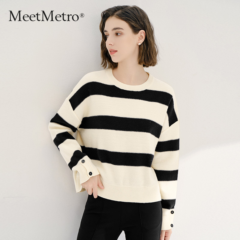 MeetMetro玛依尔撞色条纹圆领毛衣2024秋冬款休闲慵懒针织衫8585