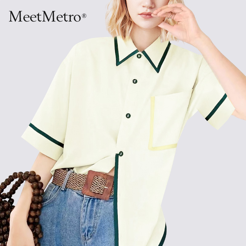 MeetMetro玛依尔清新温柔休闲衬衫女2024夏新款宽松复古撞色衬衣