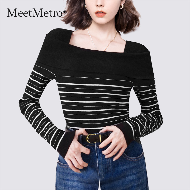 MeetMetro玛依尔修身显瘦针织衫2025春新款撞色打底条纹毛衣7754