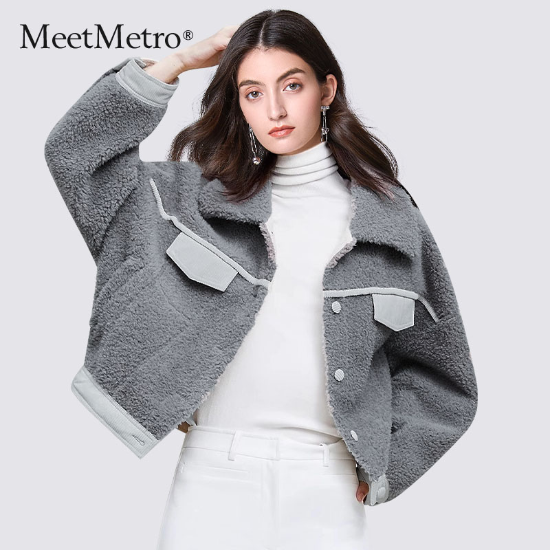 MeetMetro玛依尔冬装翻领短外套2024款休闲时尚宽松毛绒外套7451