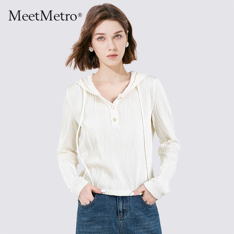 MeetMetro玛依尔连帽T恤女2025春新款肌理感休闲别致打底衫上衣