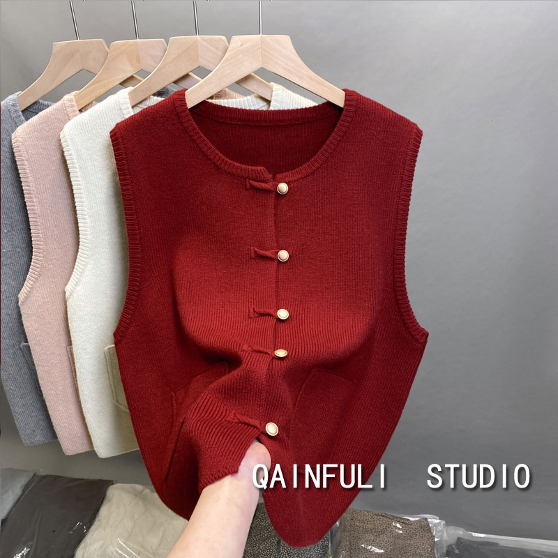 国风无袖毛衣针织马甲女新款外搭背心叠穿马夹春秋红色针织马甲