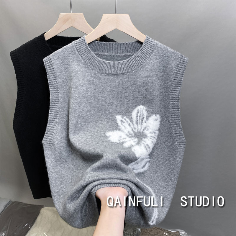 灰色圆领针织衫马甲背心女春秋韩系无袖叠穿坎肩上衣毛衣外穿