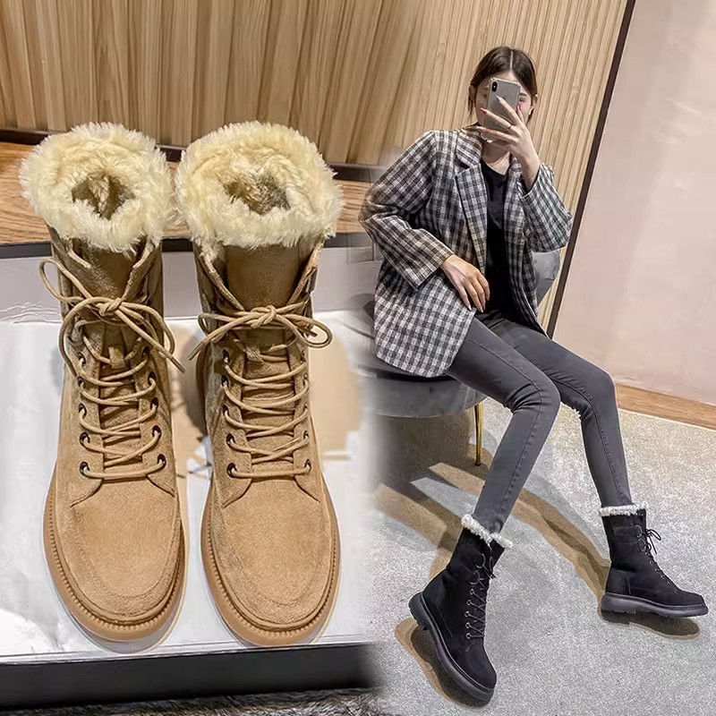 达芙妮正品大码41加绒加厚棉靴女大脚丫43英伦中筒系带马丁靴33码