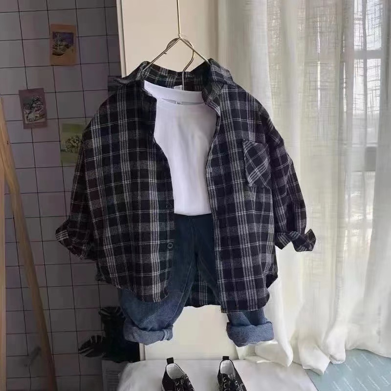 男童格子衬衫秋冬2024新款长袖洋气春秋季宝宝中小儿童上衣打底衬