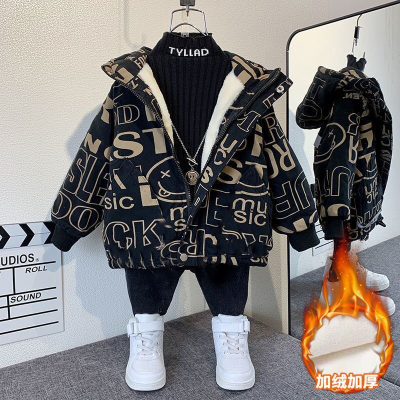 装洋气新款潮男宝宝加厚上衣棉衣儿童派克服男孩中长款中大童保暖