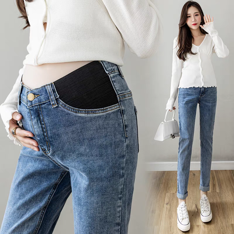 JQ85528】孕妇春秋外穿无托腹弹力老爹裤牛仔裤孕早期孕晚期裤