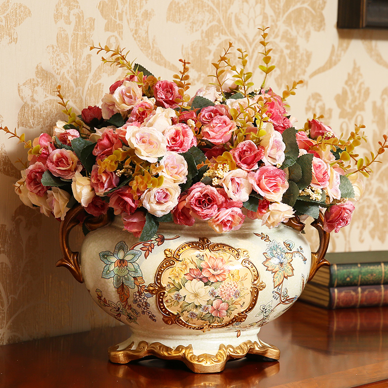 陶瓷花瓶玫瑰仿真花艺餐桌花艺欧式复古装饰品摆件美式客厅工艺品