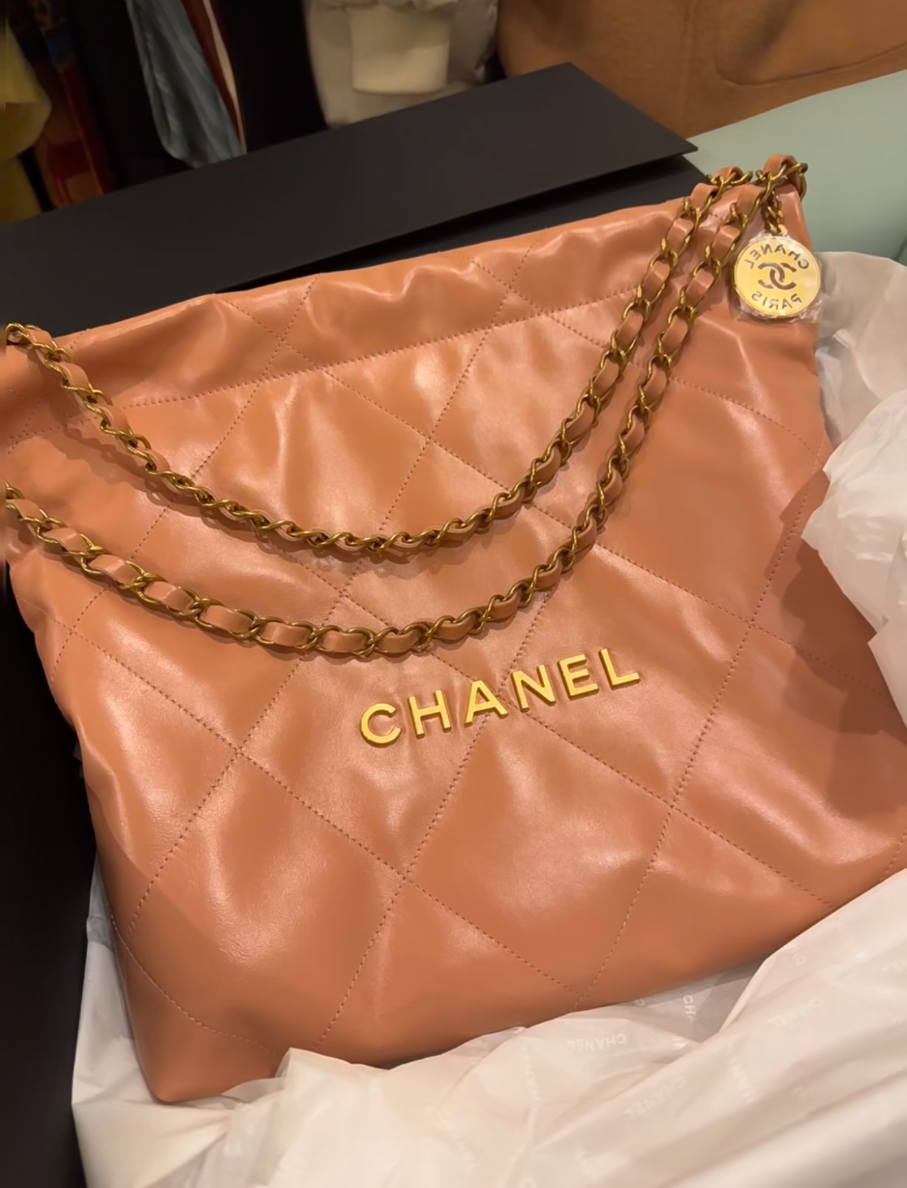 99新 Chanel/香奈儿 小号22bag垃圾袋焦糖色 全套 拍下送中检