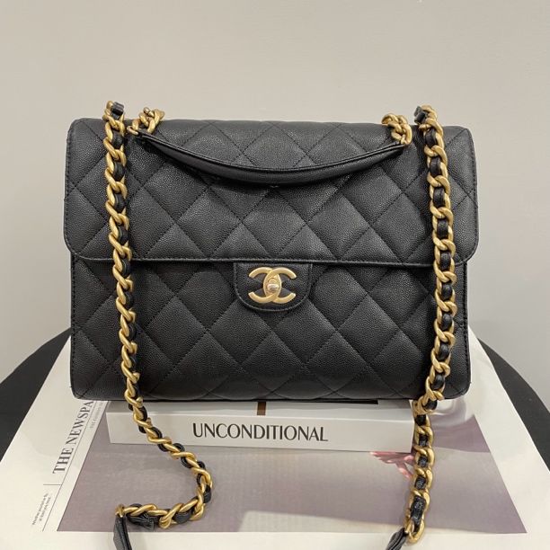 99新 Chanel/香奈儿 22b手提剑桥邮差黑金荔枝皮 全套 拍下送检
