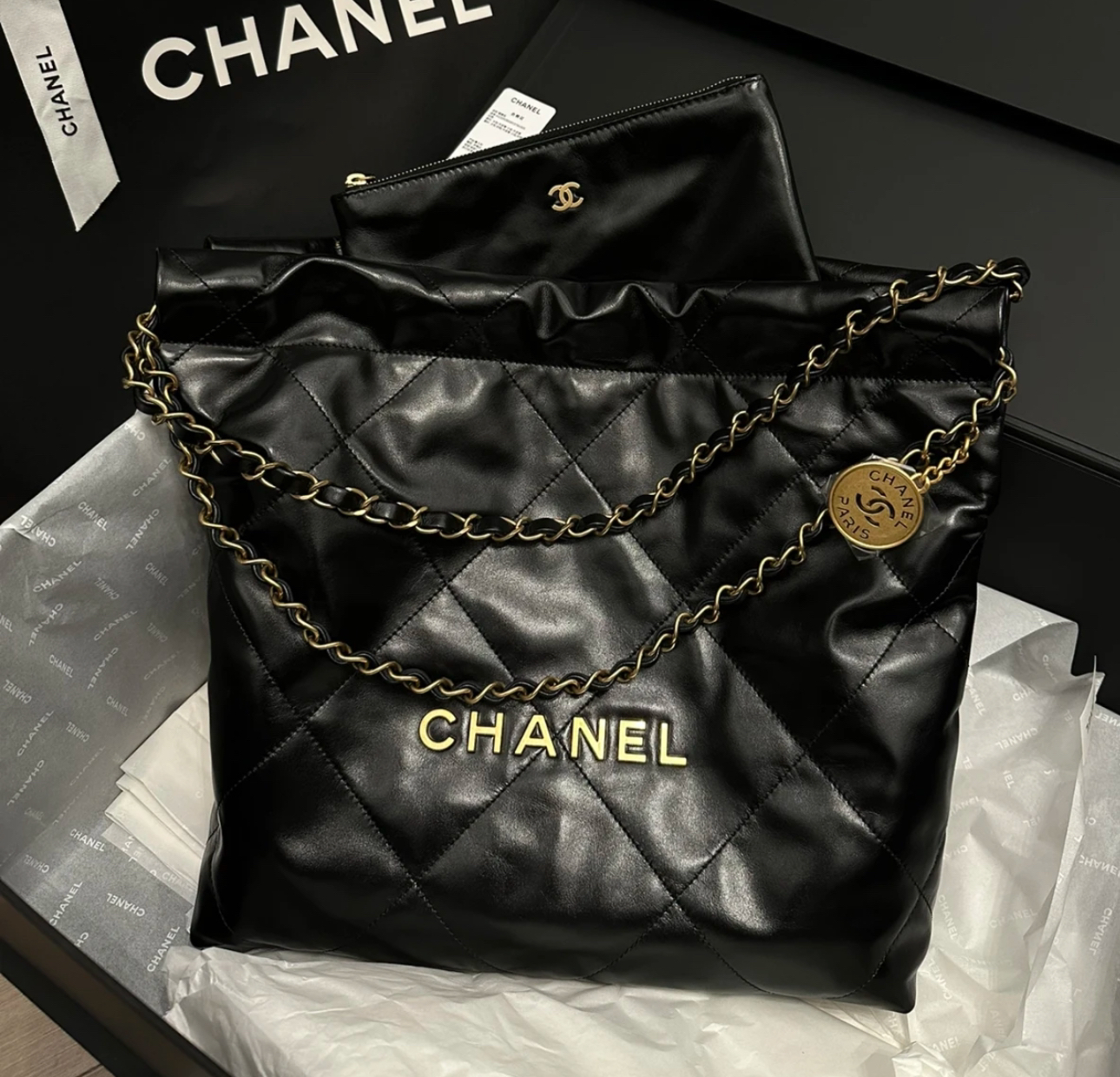 全新未使用 Chanel/香奈儿 24b小号22bag垃圾袋黑金 全套 拍送检