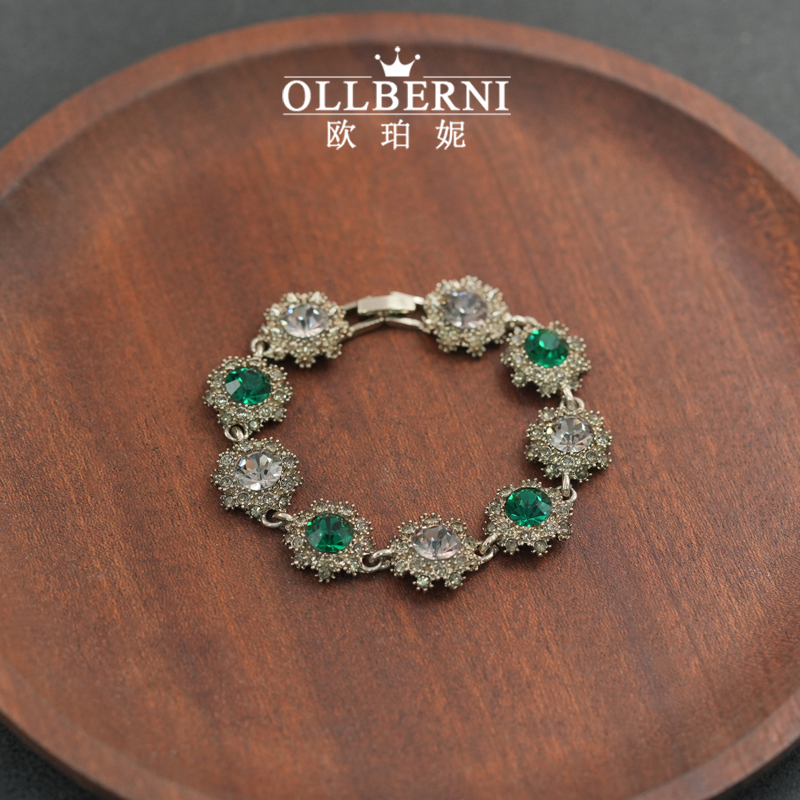 铜合金手链 气质时尚设计感绿色重工设计师精致镶嵌手链-3031