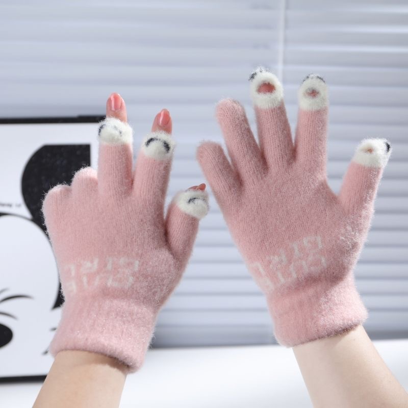 秋冬季加厚可爱女冬针织手套ins可触屏保暖带孔分指 毛线手套学生
