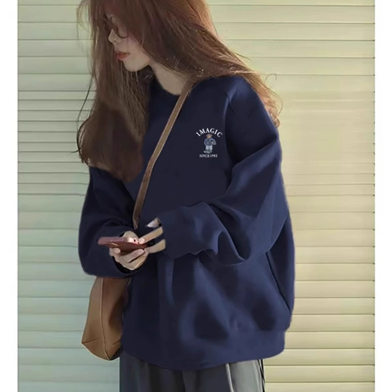 2025新款藏蓝色美式复古卫衣女款秋冬款oversize韩版宽松加绒上衣