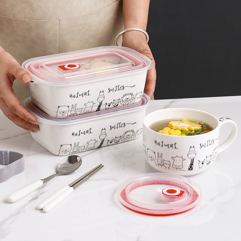 陶瓷上班族分格饭盒可微波炉加热专用餐盒便当盒午餐盒分格碗