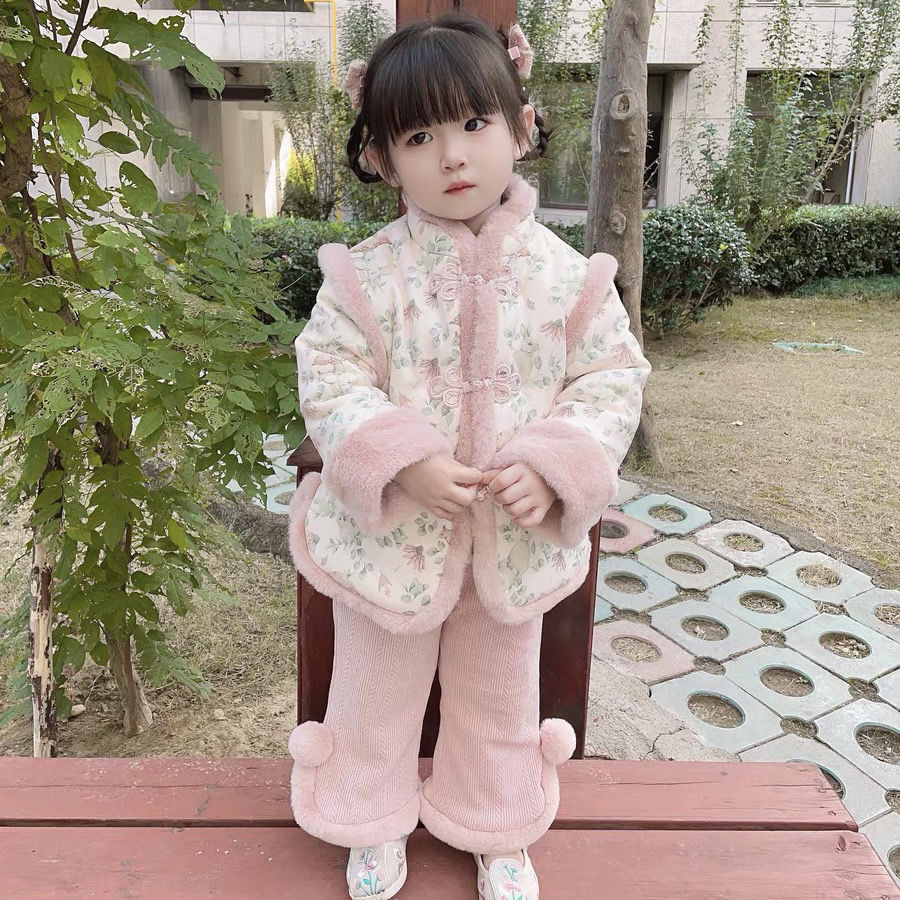 巴拉甄选女童拜年唐装冬装儿童洋气新款套装宝宝周岁中国礼服加厚