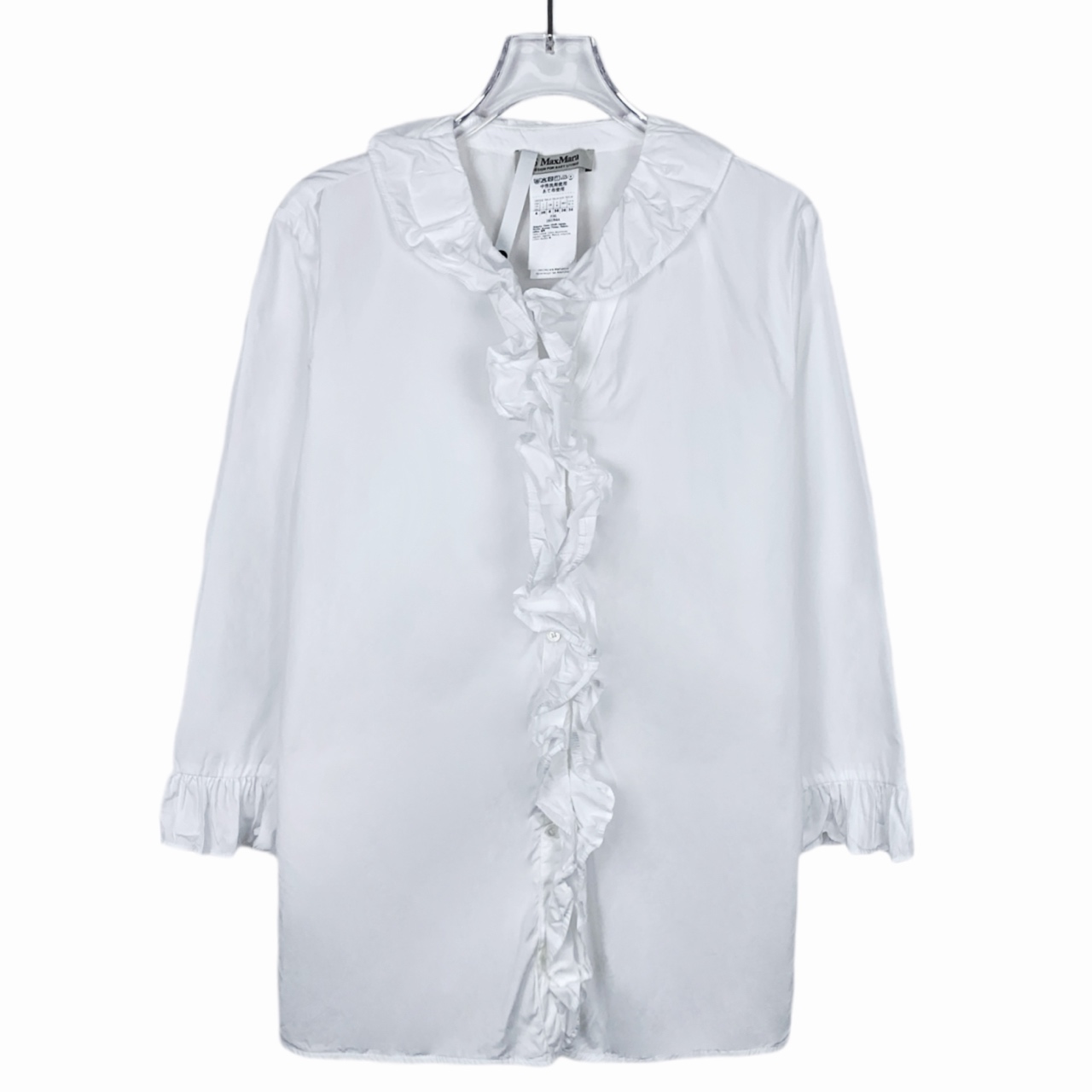 99新 MaxMara 013668 logo贴饰荷叶边白色棉质长袖衬衫 38 S码
