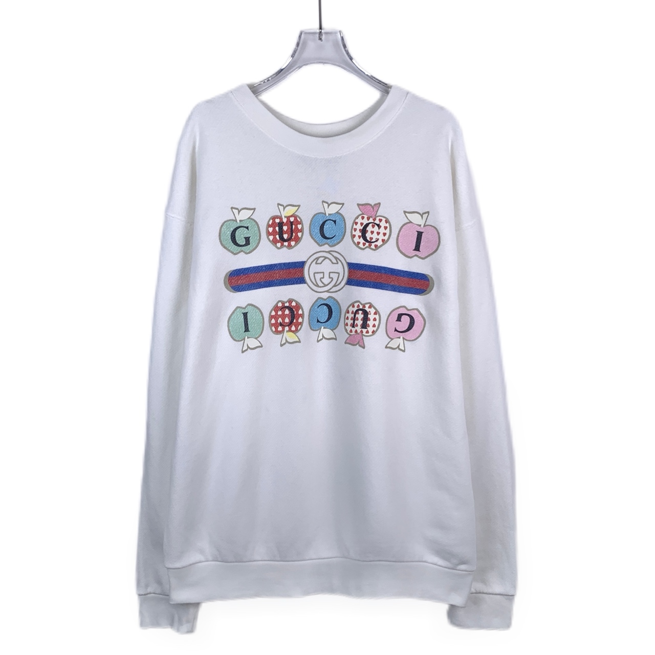 95新 HM 013899 Gucci 古驰 logo苹果印花圆领白色棉质卫衣 XS码