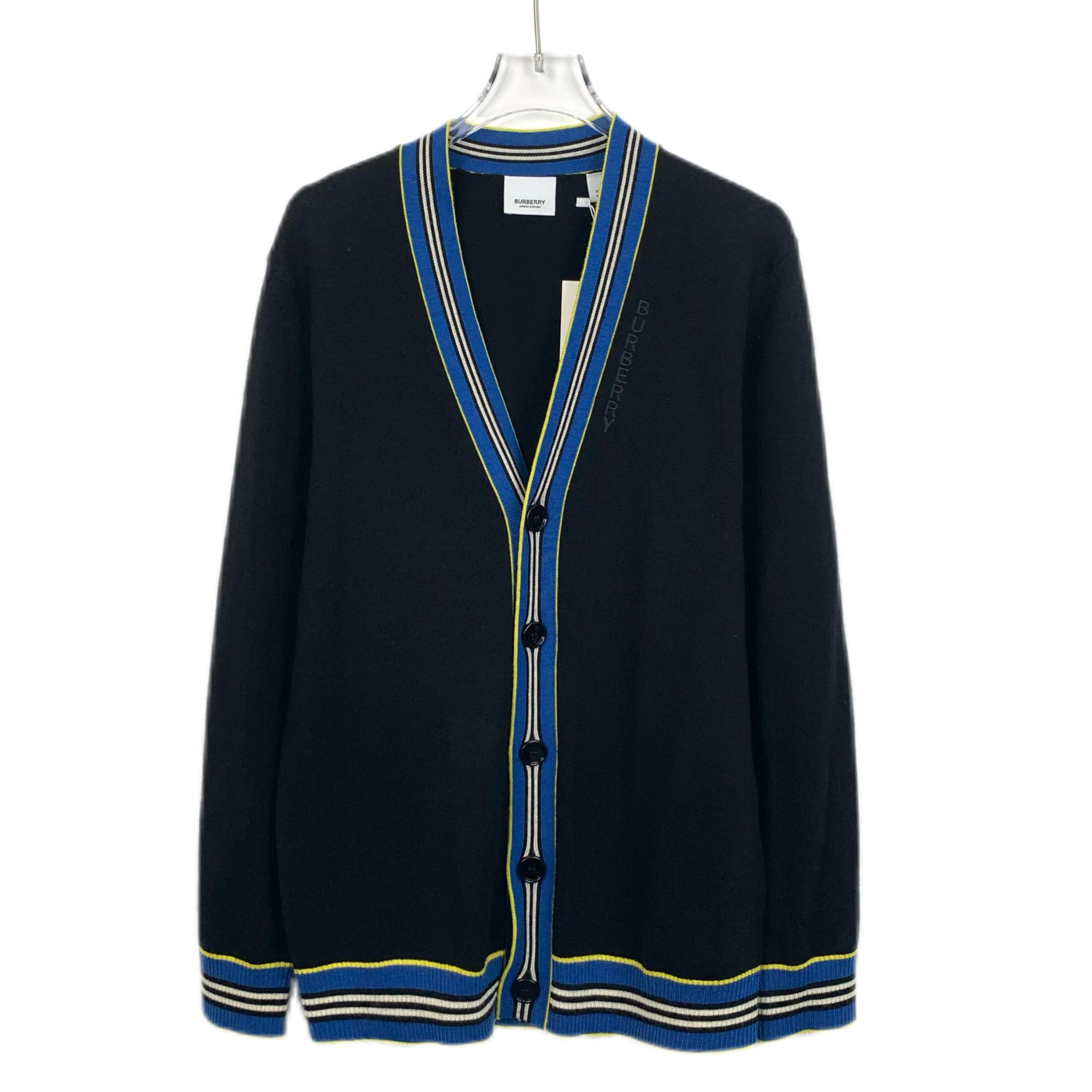 99新 BURBERRY/博柏利 H11849 黑色条纹V领羊毛针织开衫外套XS码