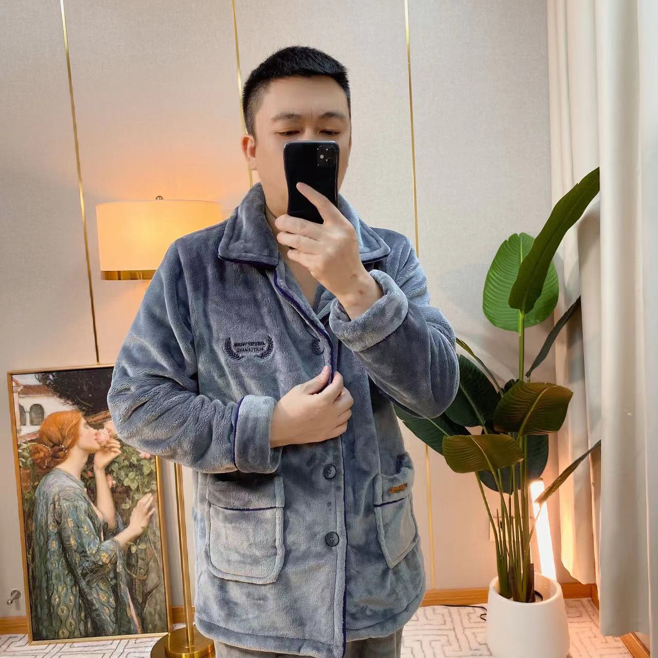 高品质秋冬款男士平面法兰绒刺绣字母保暖长袖长裤家居服套装睡衣