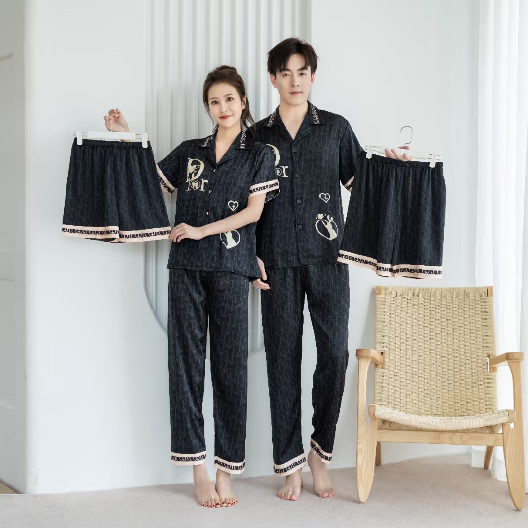 情侣款D字母三件套短袖长裤加短裤夏季薄款冰丝睡衣家居服男女可