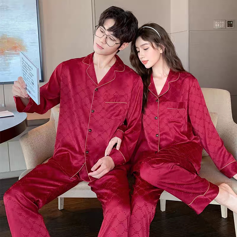 情侣款结婚本命年长袖长裤酒红色提花面料冰丝睡衣家居服男女同款