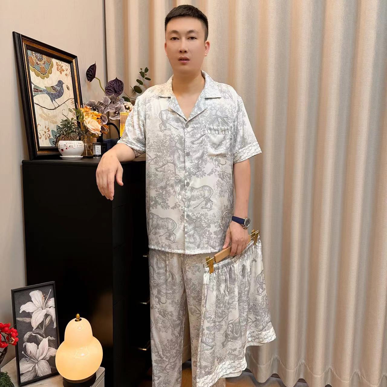 男士带裤兜【丛林密境】D家短袖长裤加短裤三件套冰丝睡衣家居服