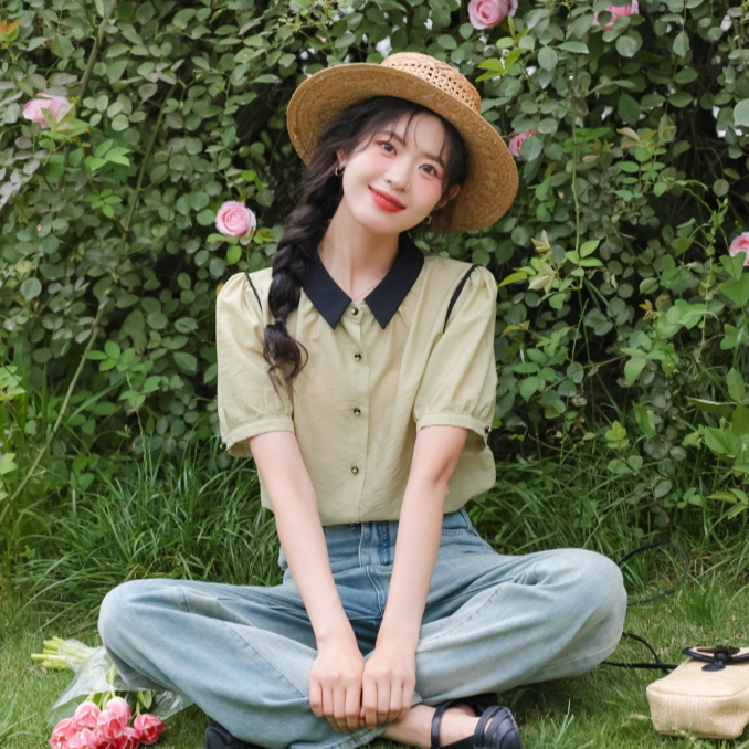 法式时尚撞色POLO领短袖衬衫女2024新款设计感泡泡袖显瘦小衫潮