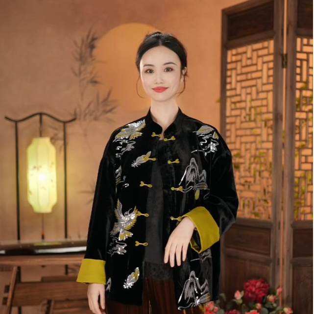 【东方婵韵】新中式气质时尚对襟桑蚕丝丝绒黑色外套DFCY25419