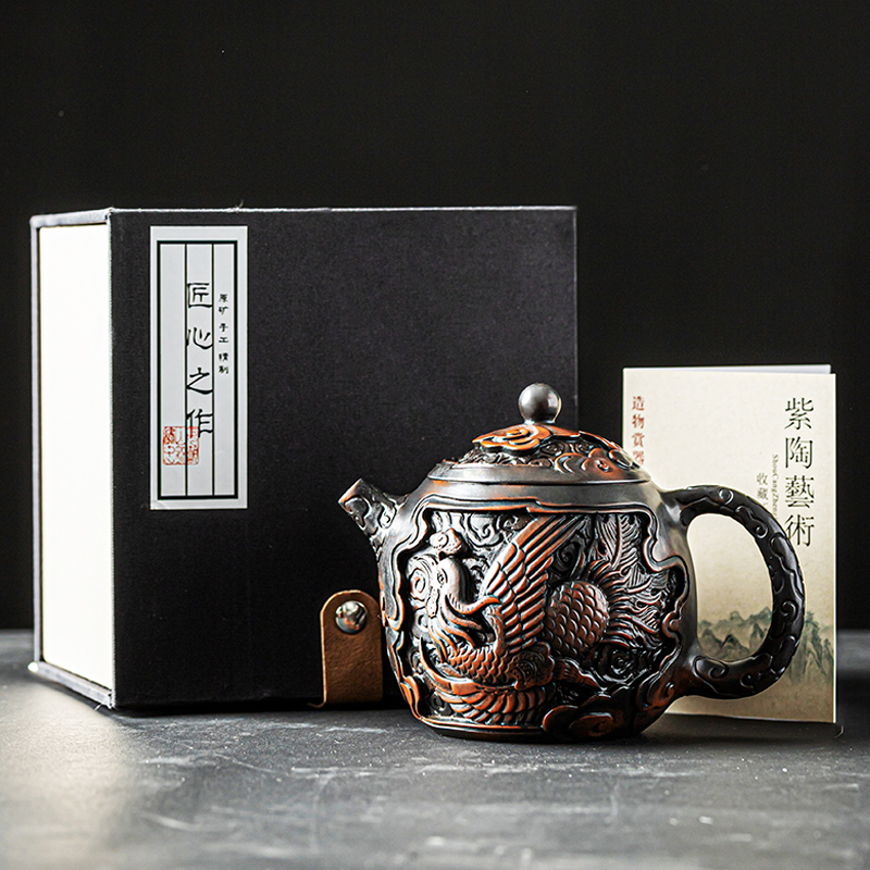 紫陶堆雕茶壶纯手工龙蛋壶复古功夫茶具泡茶器陶制填满雕西施刻壶