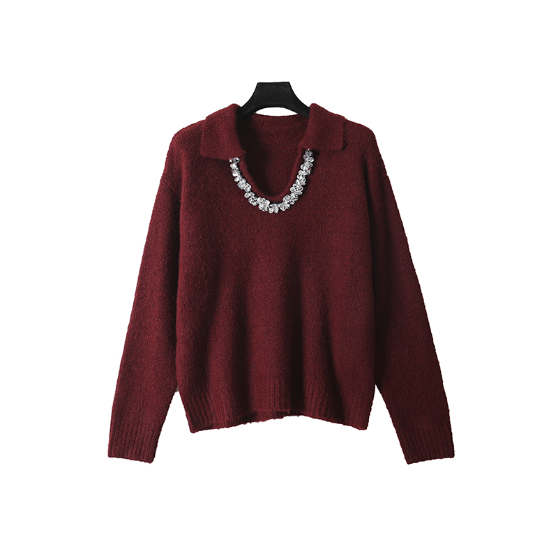 *73CELLENDI圣诞新年 法式钉珠镶钻慵懒松弛V领羊毛针织衫17086