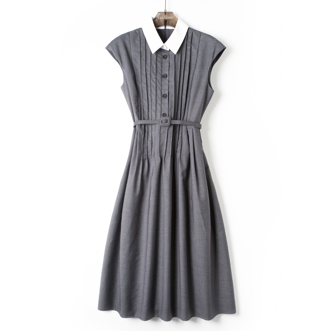 CELLENDI*26法式复古翻领百搭显瘦腰带灰色遮肉品牌连衣裙0300