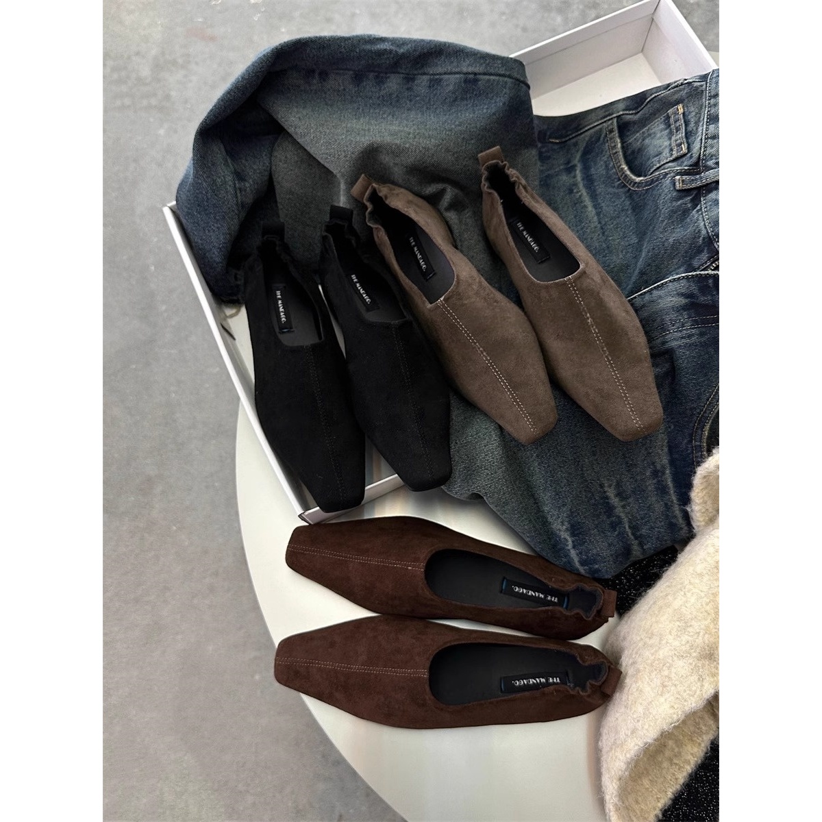 复古美拉德绒面方头低跟单鞋女2025秋冬季新款软皮百搭通勤奶奶鞋